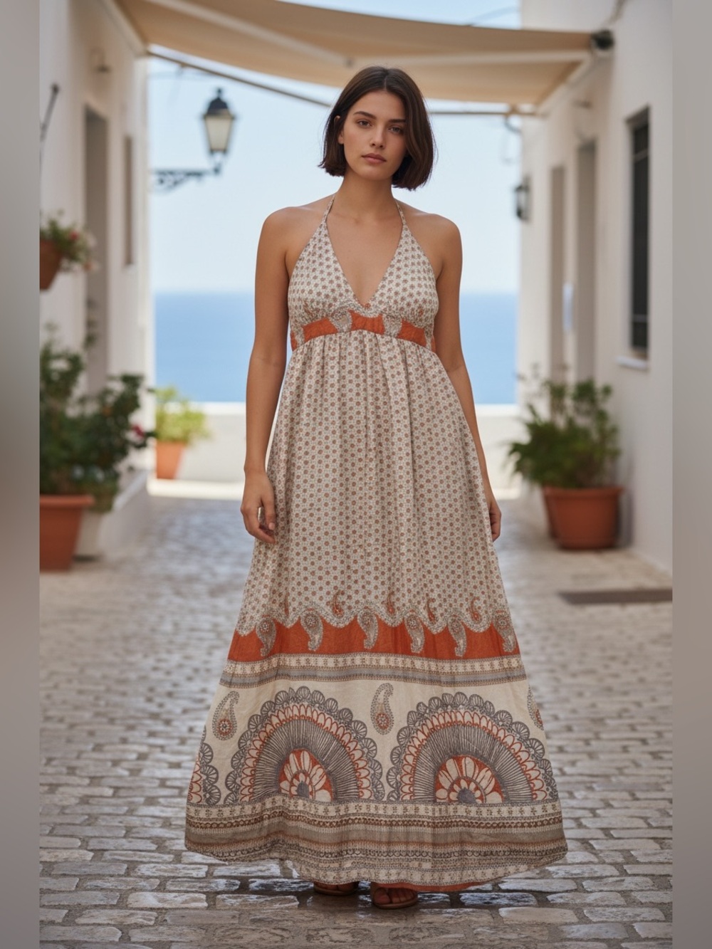 VTG Forever 21 Halter Maxi Dress Festival Boho Bohemian Block Print